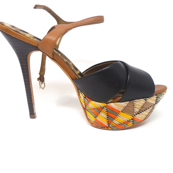 SAM EDELMAN BLACK LEATHER STRAPPY WOVEN HEELS - Picture 2 of 7